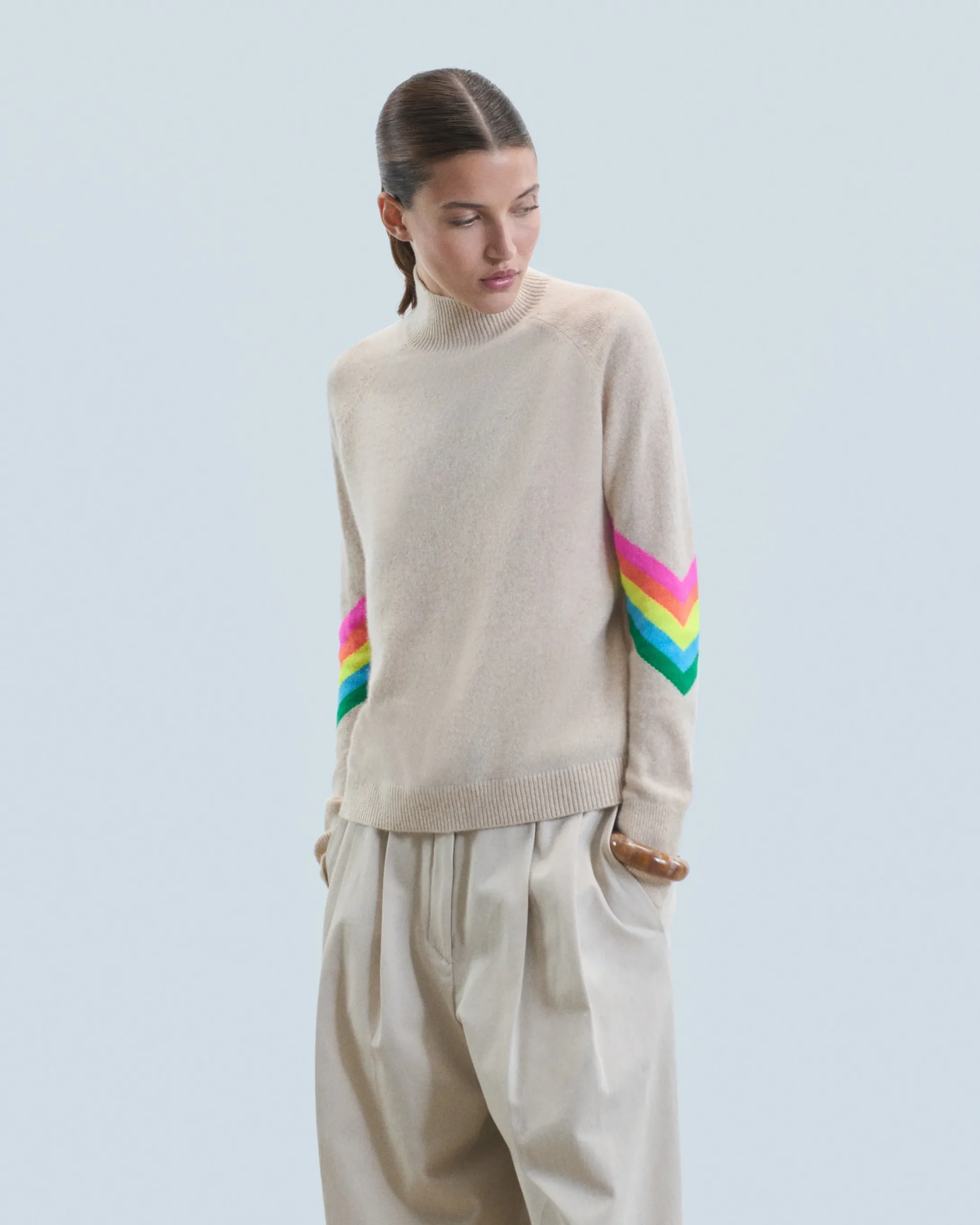 FROM FUTURE Maglione Collo alto Bande maniche Multicolori Leggero Mentobeige Fashion