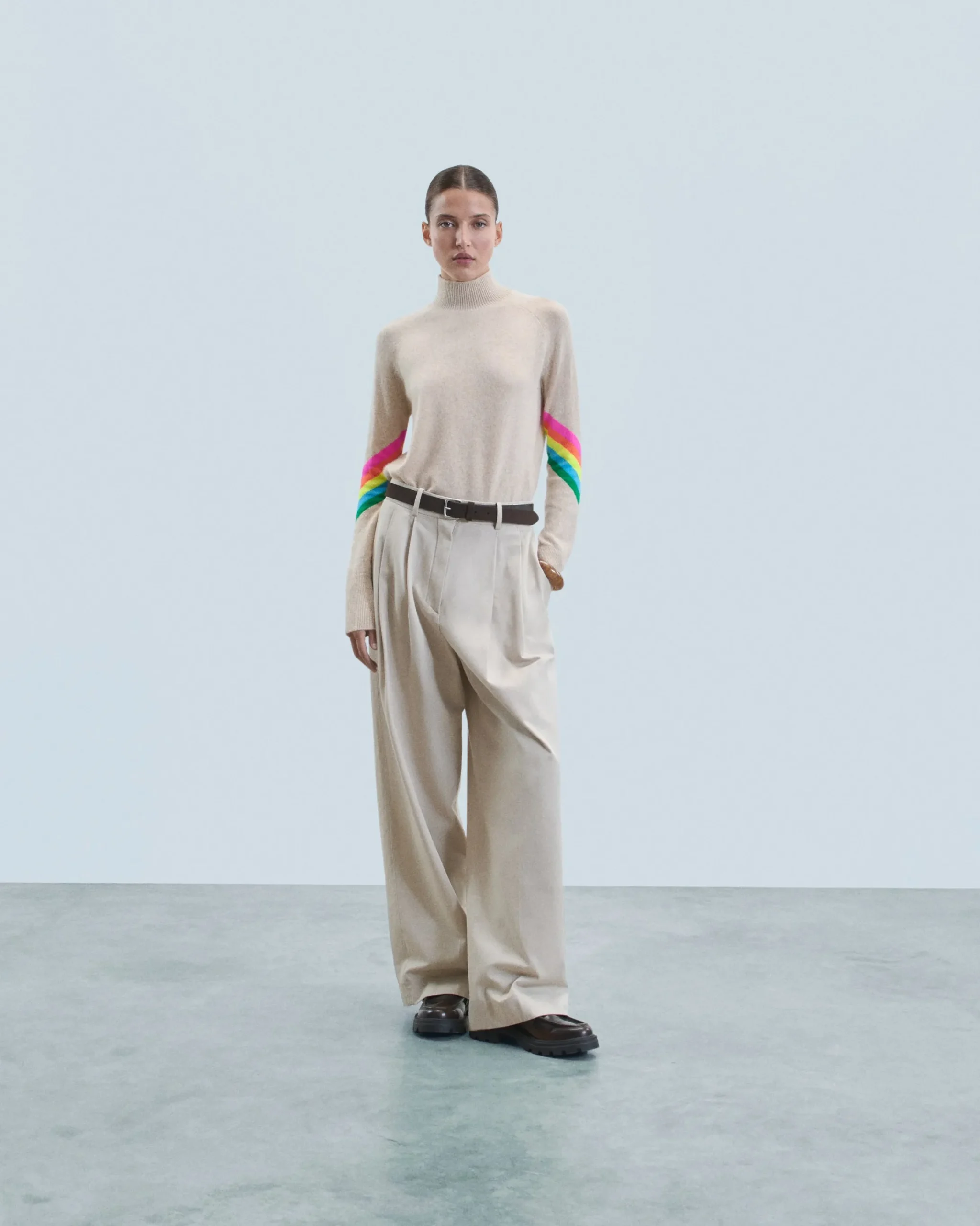 FROM FUTURE Maglione Collo alto Bande maniche Multicolori Leggero Mentobeige Fashion