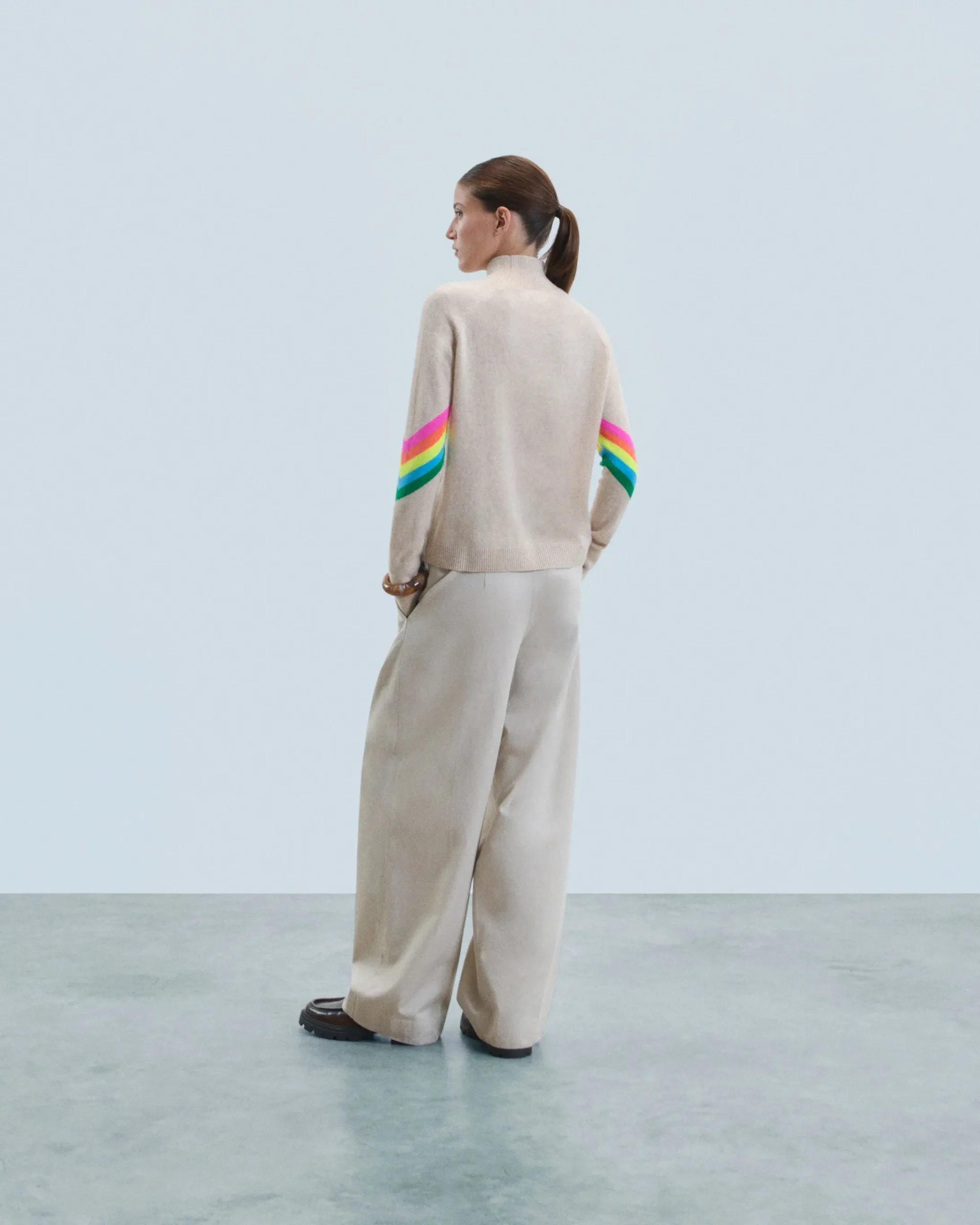 FROM FUTURE Maglione Collo alto Bande maniche Multicolori Leggero Mentobeige Fashion