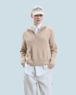 FROM FUTURE Maglione Collo alto con zip Maglia a trecce Beige Best