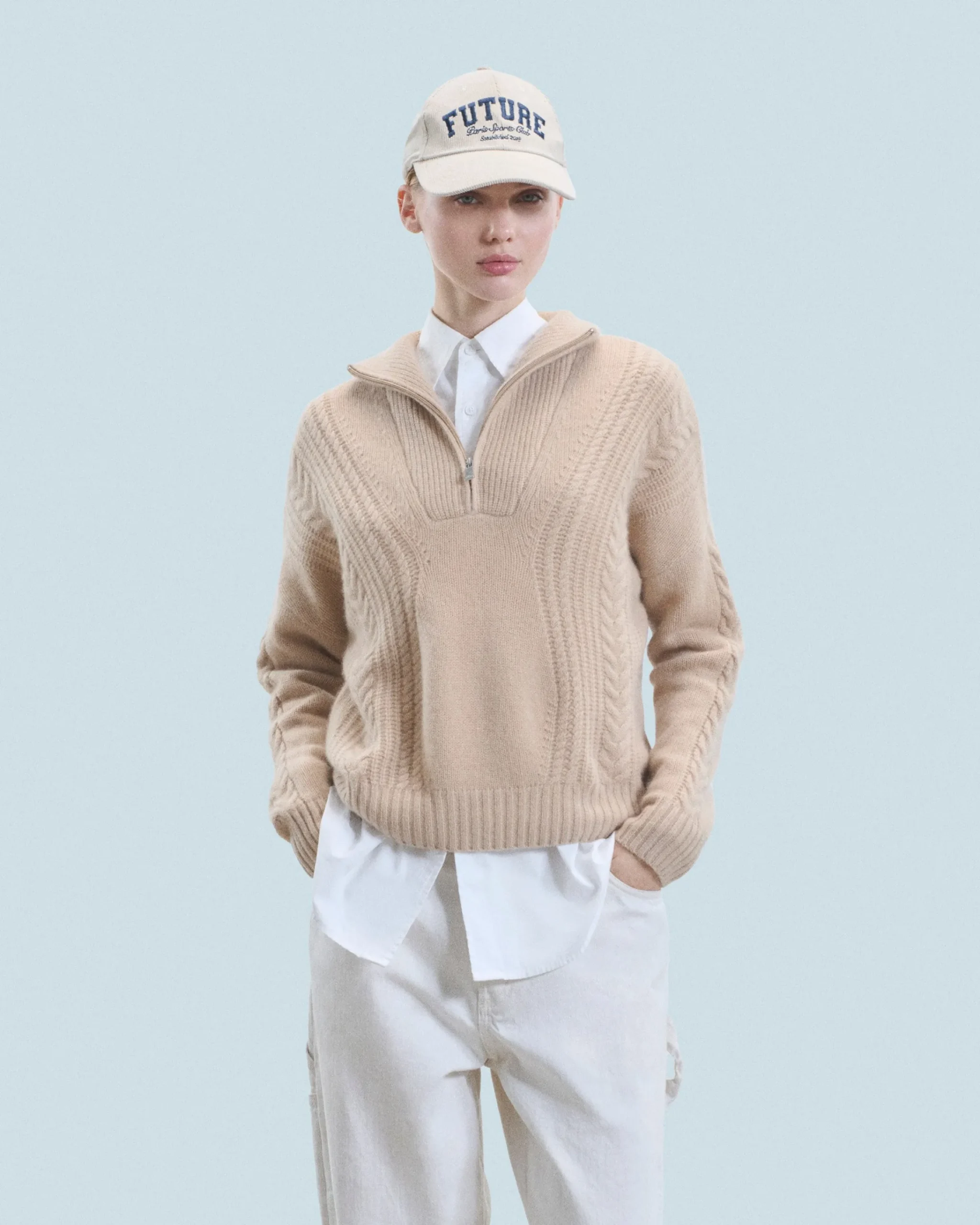 FROM FUTURE Maglione Collo alto con zip Maglia a trecce Beige Best
