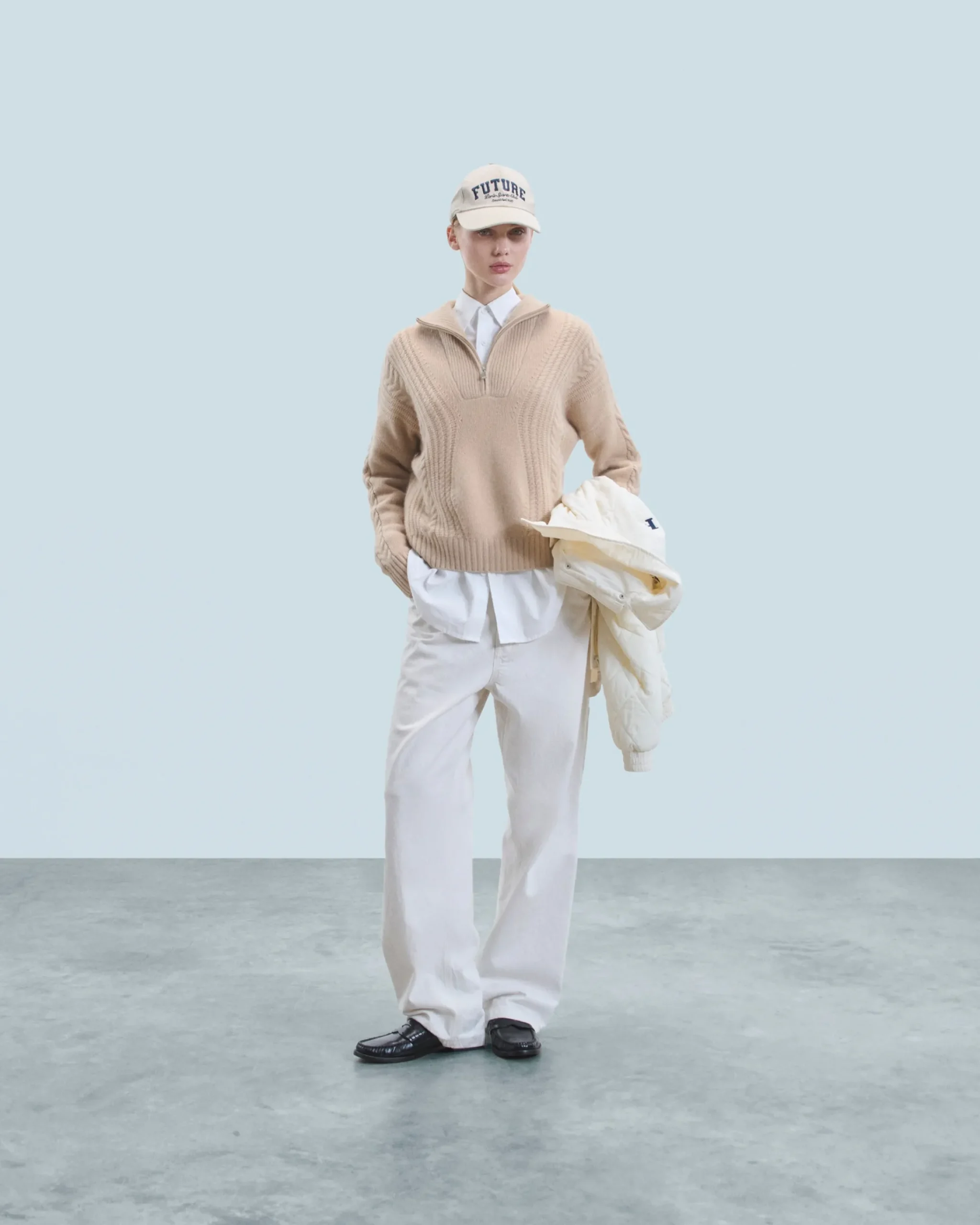 FROM FUTURE Maglione Collo alto con zip Maglia a trecce Beige Best