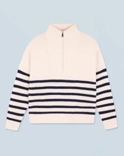 FROM FUTURE Maglione Collo alto con Zip Marinière Ecrù Best