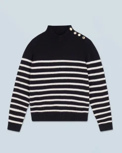 FROM FUTURE Maglione Collo alto Marinière con Bottoni Nero Sale