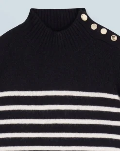 FROM FUTURE Maglione Collo alto Marinière con Bottoni Nero Sale