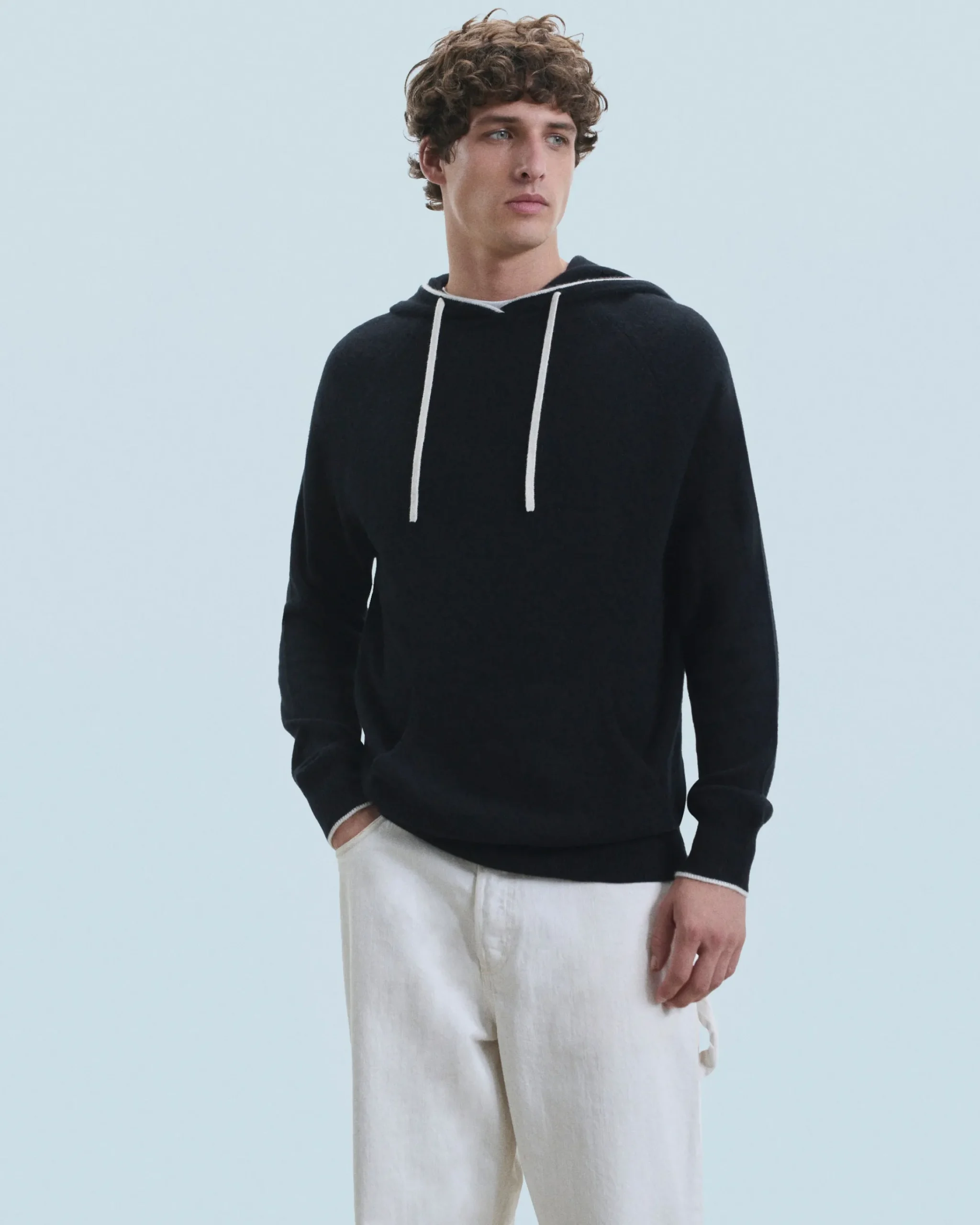 FROM FUTURE Maglione con Cappuccio Bordini a contrasto Leggero Nero Clearance