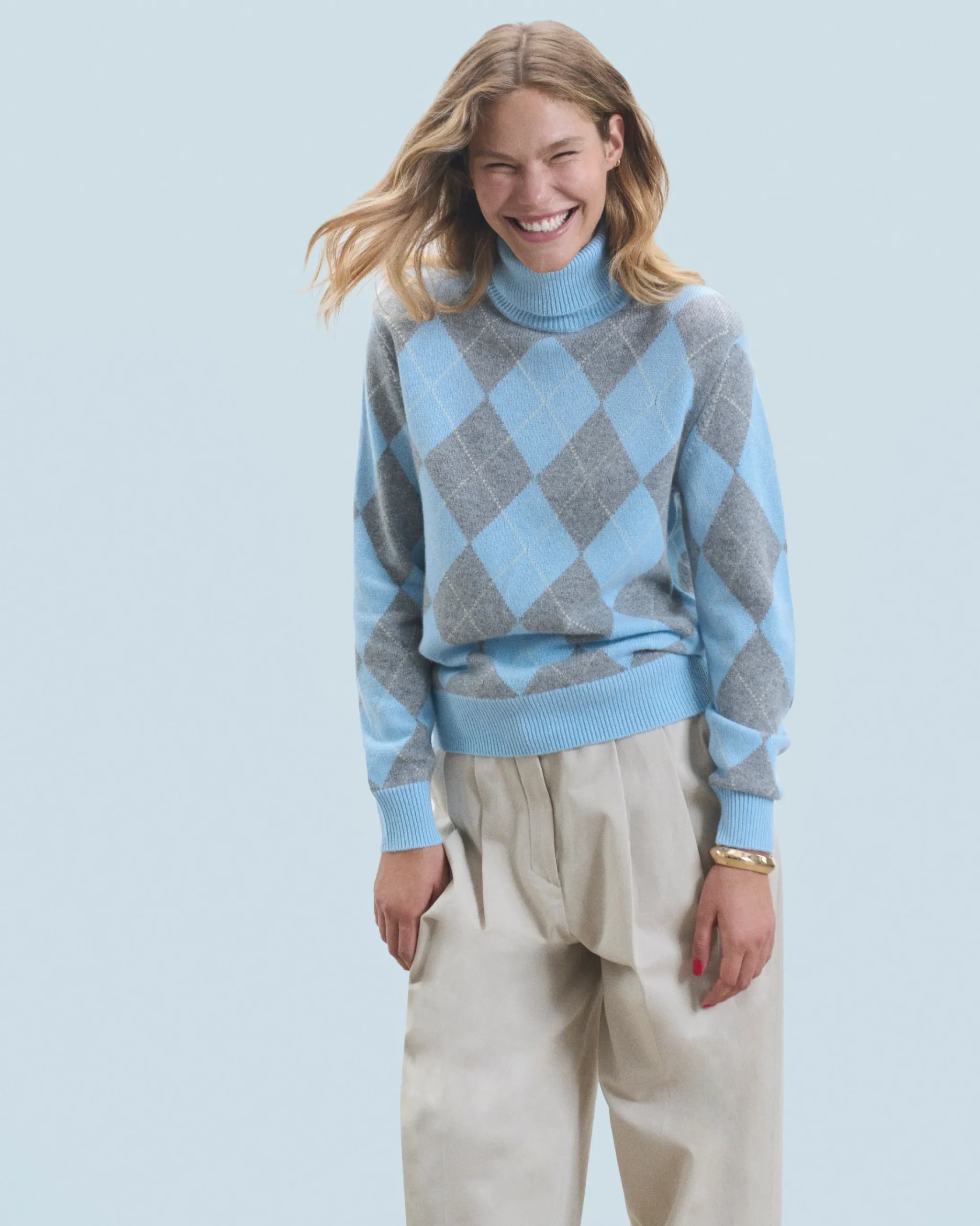 FROM FUTURE Maglione Dolcevita con Motivo losanghe BabyBlue Best