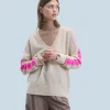 FROM FUTURE Maglione Scollo a V Oversize Bande bicolori Leggero Mentobeige Outlet
