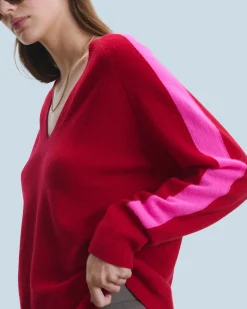 FROM FUTURE Maglione Scollo a V Oversize Bande bicolori Leggero DarkRed Best Sale