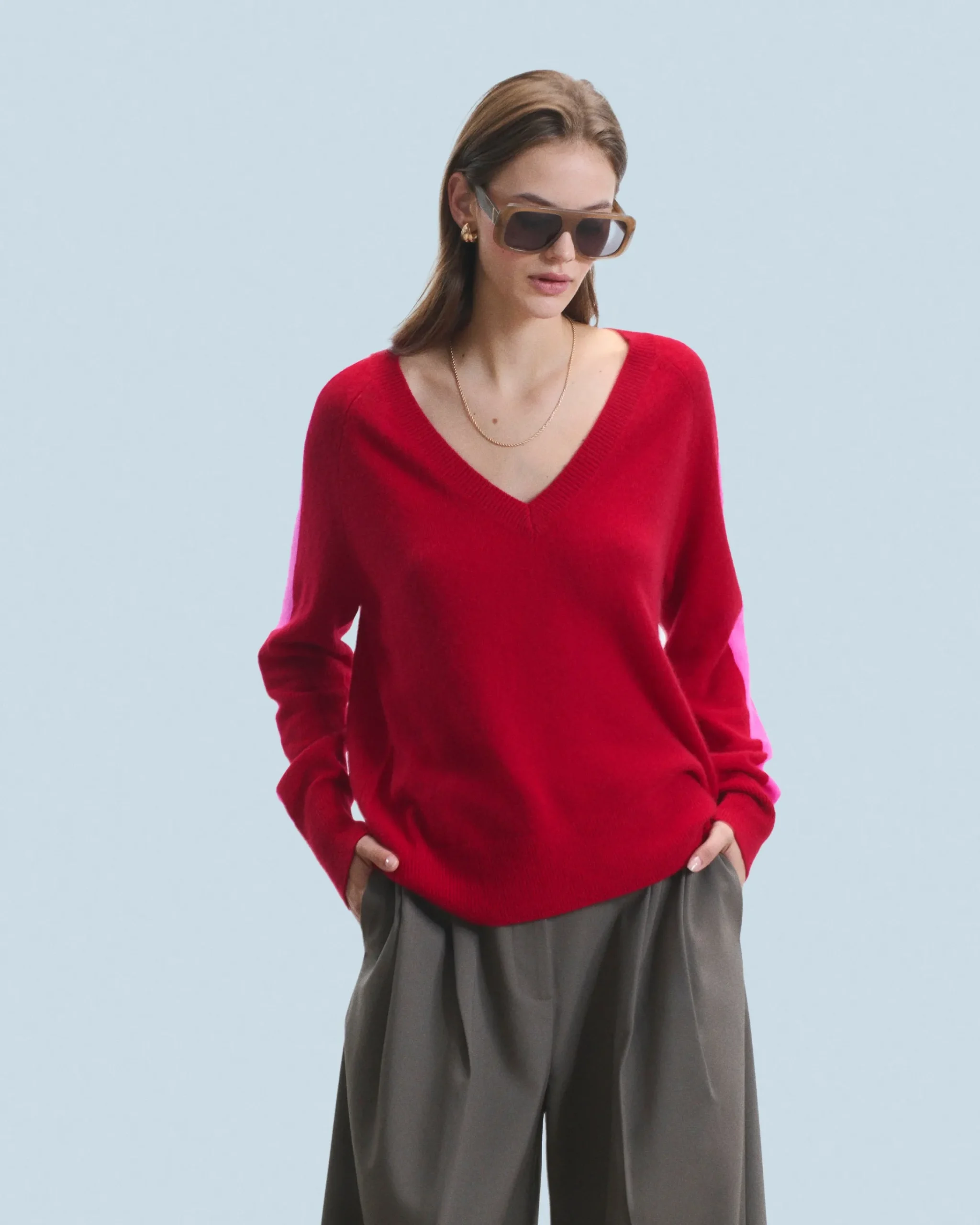 FROM FUTURE Maglione Scollo a V Oversize Bande bicolori Leggero DarkRed Best Sale