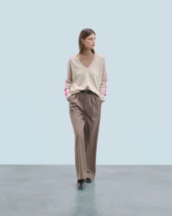FROM FUTURE Maglione Scollo a V Oversize Bande bicolori Leggero Mentobeige Outlet