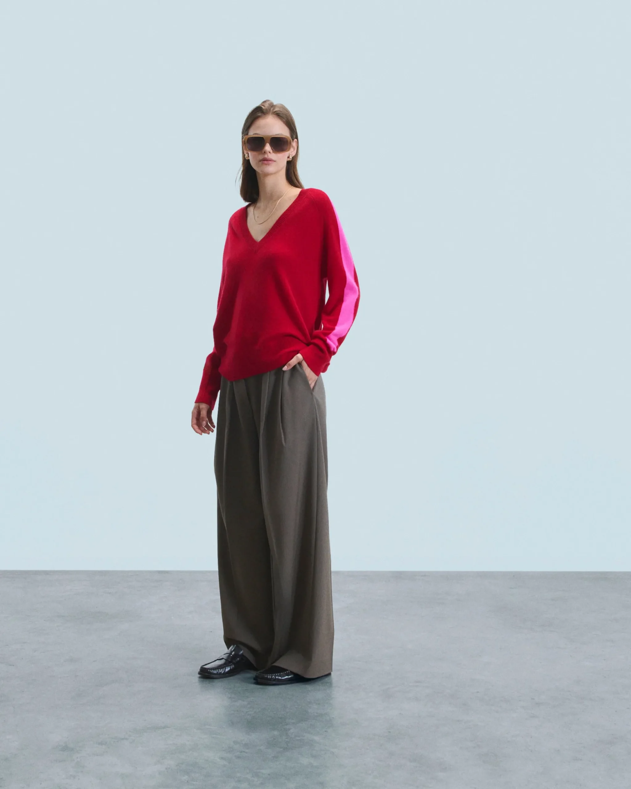 FROM FUTURE Maglione Scollo a V Oversize Bande bicolori Leggero DarkRed Best Sale