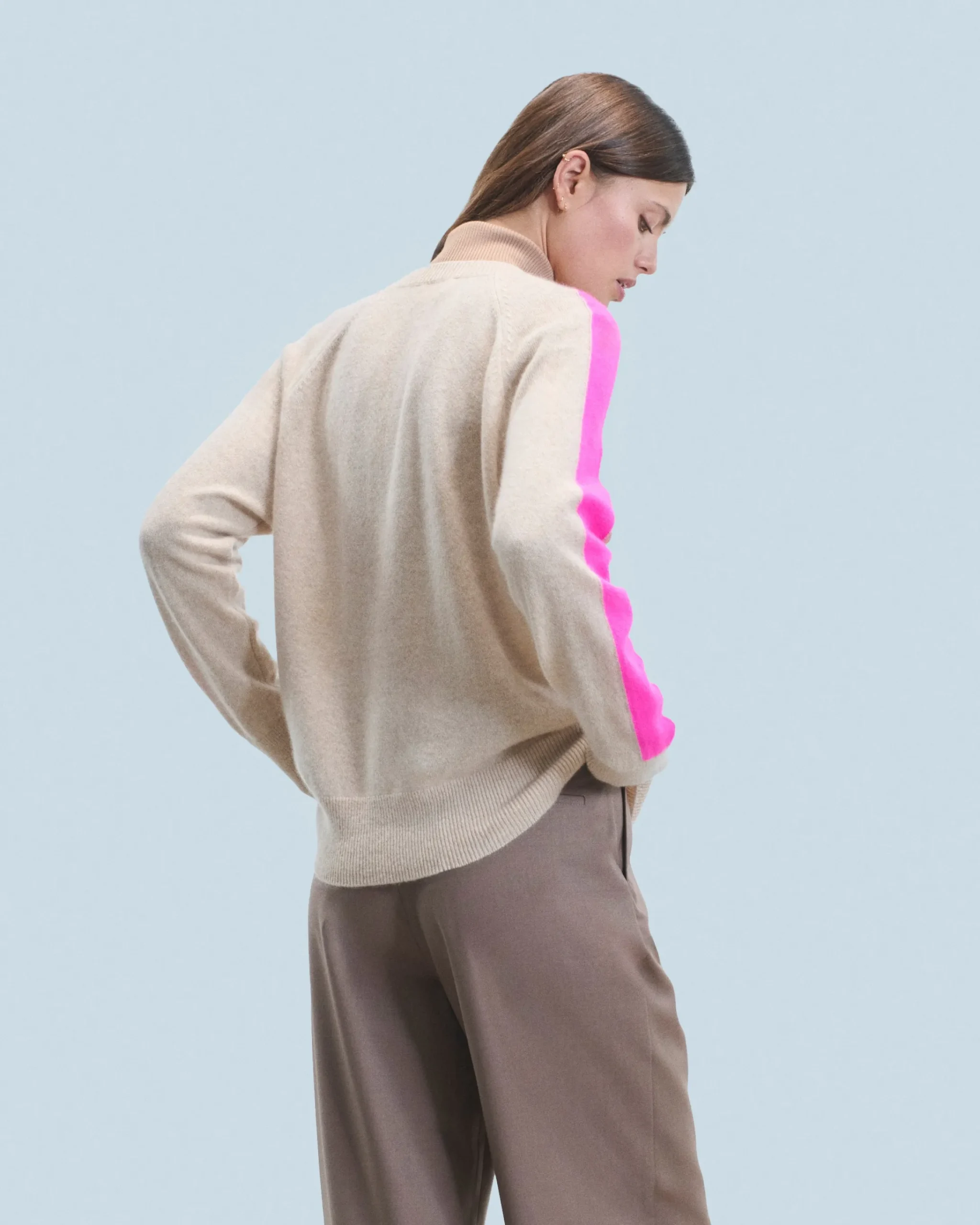 FROM FUTURE Maglione Scollo a V Oversize Bande bicolori Leggero Mentobeige Outlet