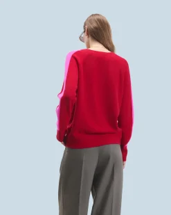 FROM FUTURE Maglione Scollo a V Oversize Bande bicolori Leggero DarkRed Best Sale