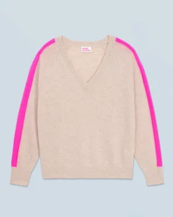FROM FUTURE Maglione Scollo a V Oversize Bande bicolori Leggero Mentobeige Outlet