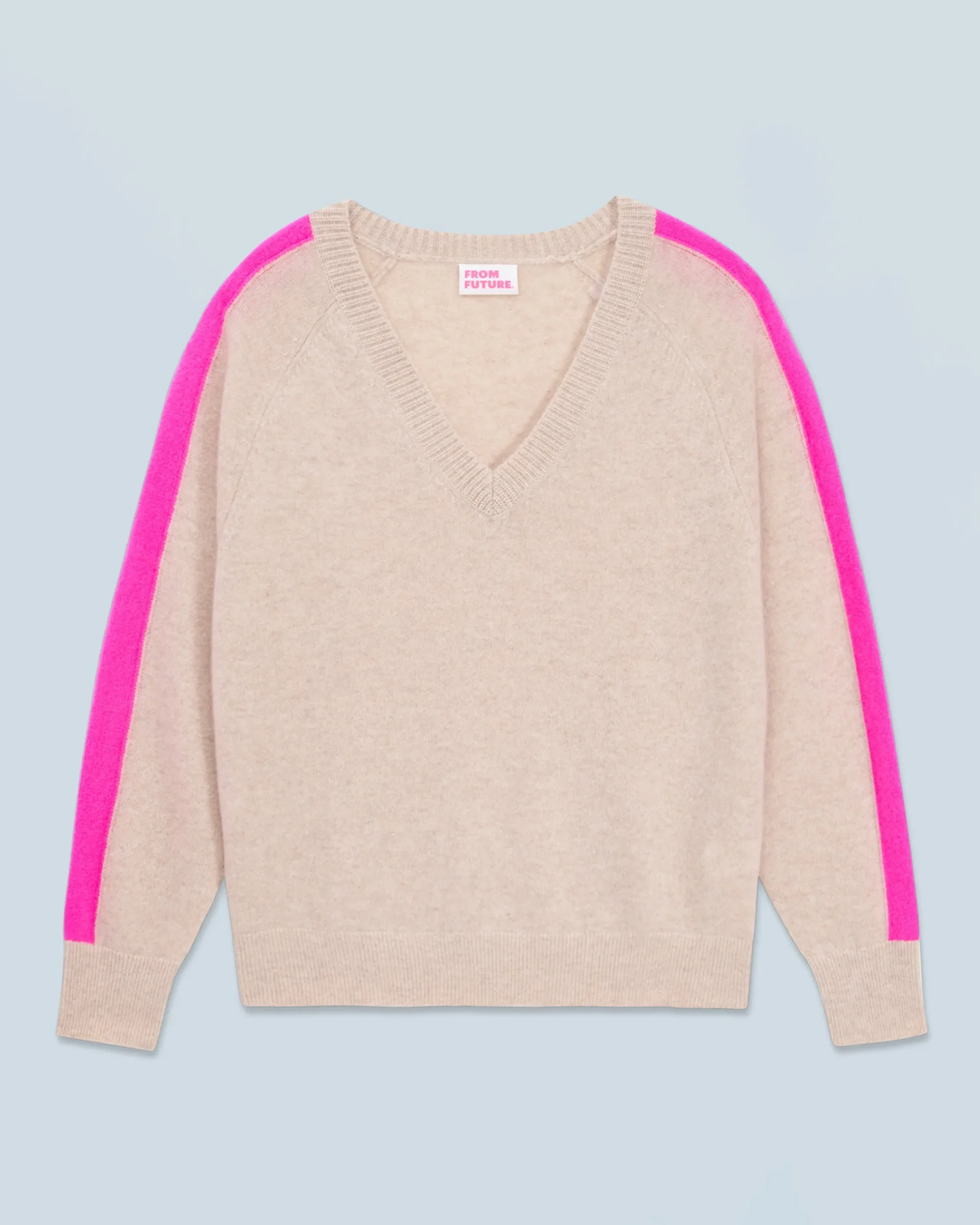 FROM FUTURE Maglione Scollo a V Oversize Bande bicolori Leggero Mentobeige Outlet