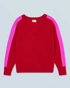 FROM FUTURE Maglione Scollo a V Oversize Bande bicolori Leggero DarkRed Best Sale