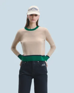 FROM FUTURE Maglione Scollo tondo Bicolore a Contrasto Leggero Beige Discount