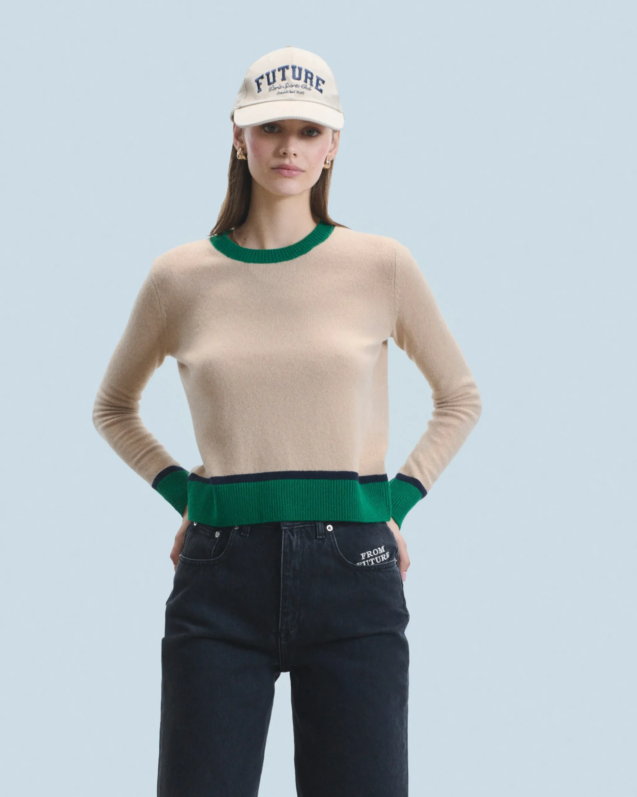 FROM FUTURE Maglione Scollo tondo Bicolore a Contrasto Leggero Beige Discount