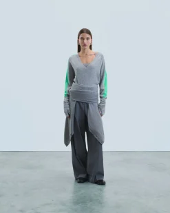 FROM FUTURE Pullover Scollo a V Oversize Bande bicolori Leggero Grigioericascuro Discount
