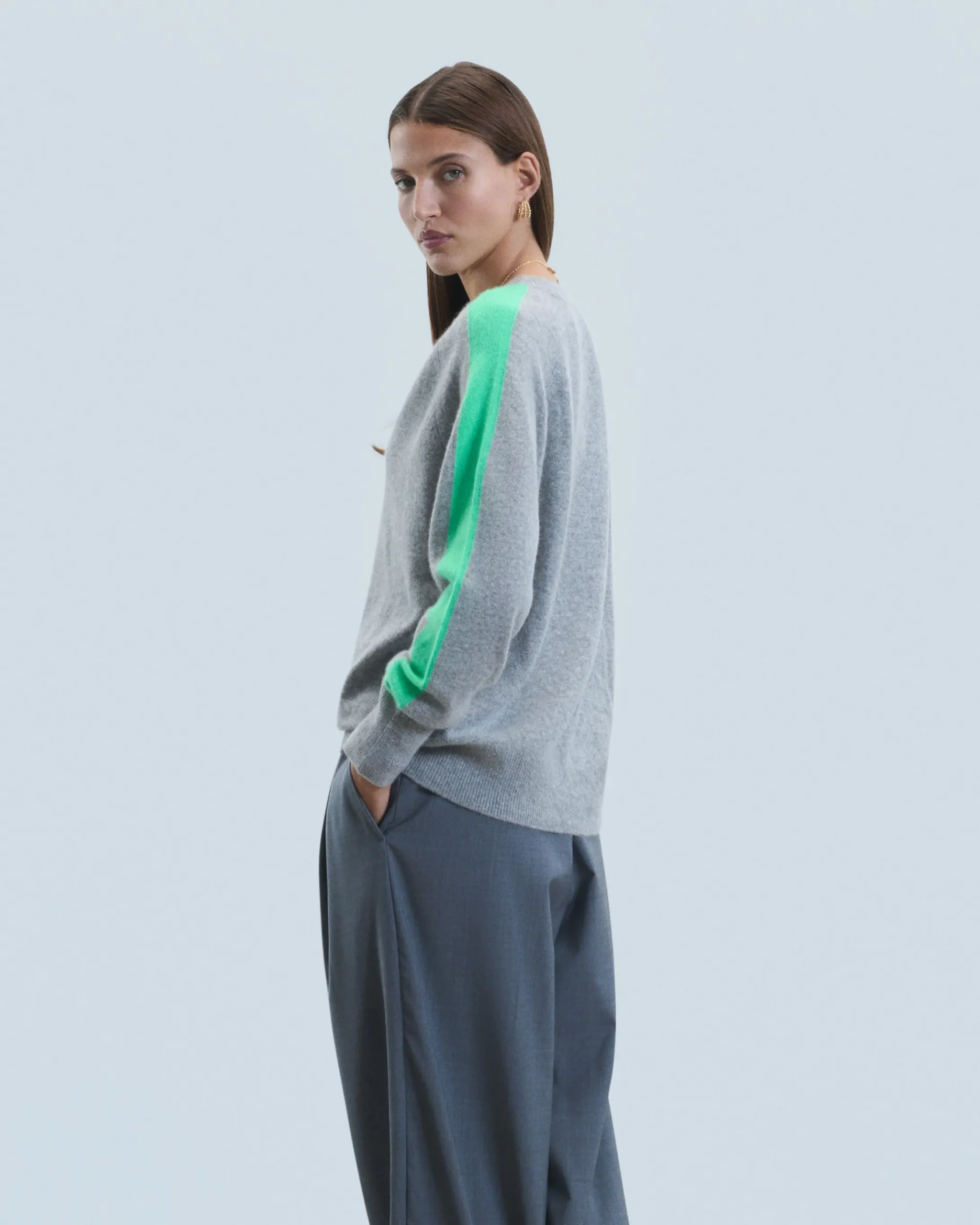 FROM FUTURE Pullover Scollo a V Oversize Bande bicolori Leggero Grigioericascuro Discount
