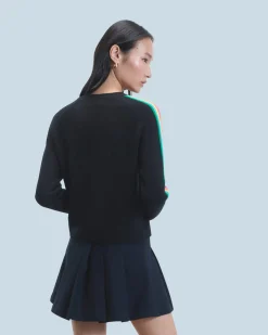 FROM FUTURE Pullover Scollo tondo Bande maniche multicolori Nero Outlet