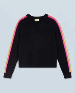 FROM FUTURE Pullover Scollo tondo Bande maniche multicolori Nero Outlet