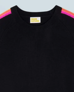 FROM FUTURE Pullover Scollo tondo Bande maniche multicolori Nero Outlet