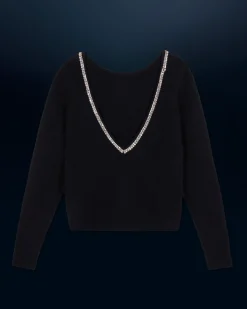FROM FUTURE Pullover Scollo tondo Strass Schiena scoperta Nero Hot