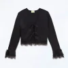 FROM FUTURE Top Maniche lunghe Bordi pizzo Nero Discount
