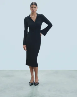 FROM FUTURE Vestito Lungo Maniche lunghe Collo a polo Nero Outlet