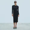 FROM FUTURE Vestito Lungo Maniche lunghe a Coste con Spacco Nero Best
