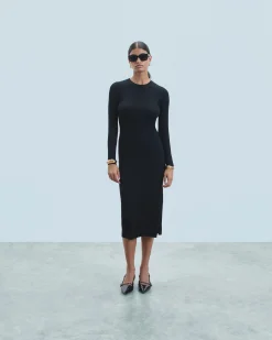 FROM FUTURE Vestito Lungo Maniche lunghe a Coste con Spacco Nero Best