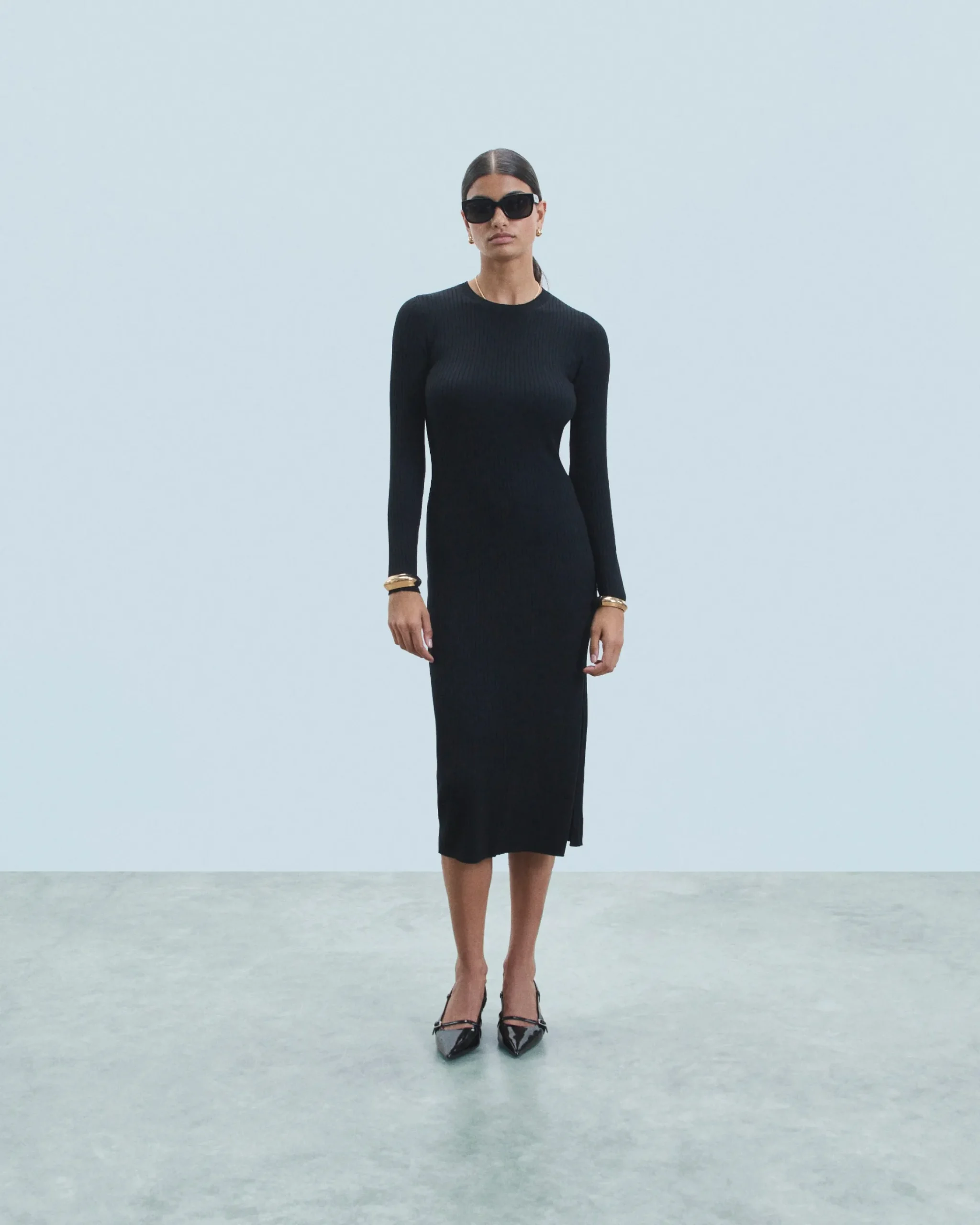 FROM FUTURE Vestito Lungo Maniche lunghe a Coste con Spacco Nero Best