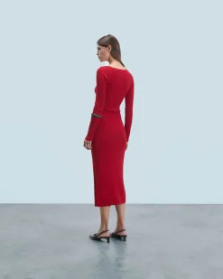FROM FUTURE Vestito Lungo Maniche lunghe Scollo a cuore HotRed Clearance