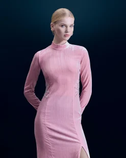 FROM FUTURE Vestito Lungo Maniche lunghe Velluto crinkle CrystalPink Cheap