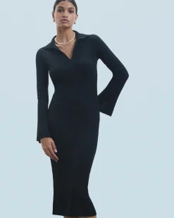 FROM FUTURE Vestito Lungo Maniche lunghe Collo a polo Nero Outlet