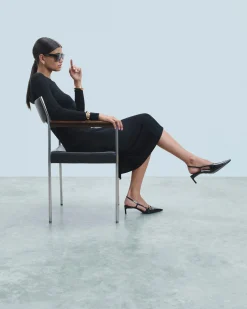 FROM FUTURE Vestito Lungo Maniche lunghe a Coste con Spacco Nero Best
