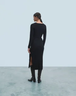 FROM FUTURE Vestito Lungo Maniche lunghe Scollo a cuore Nero Hot