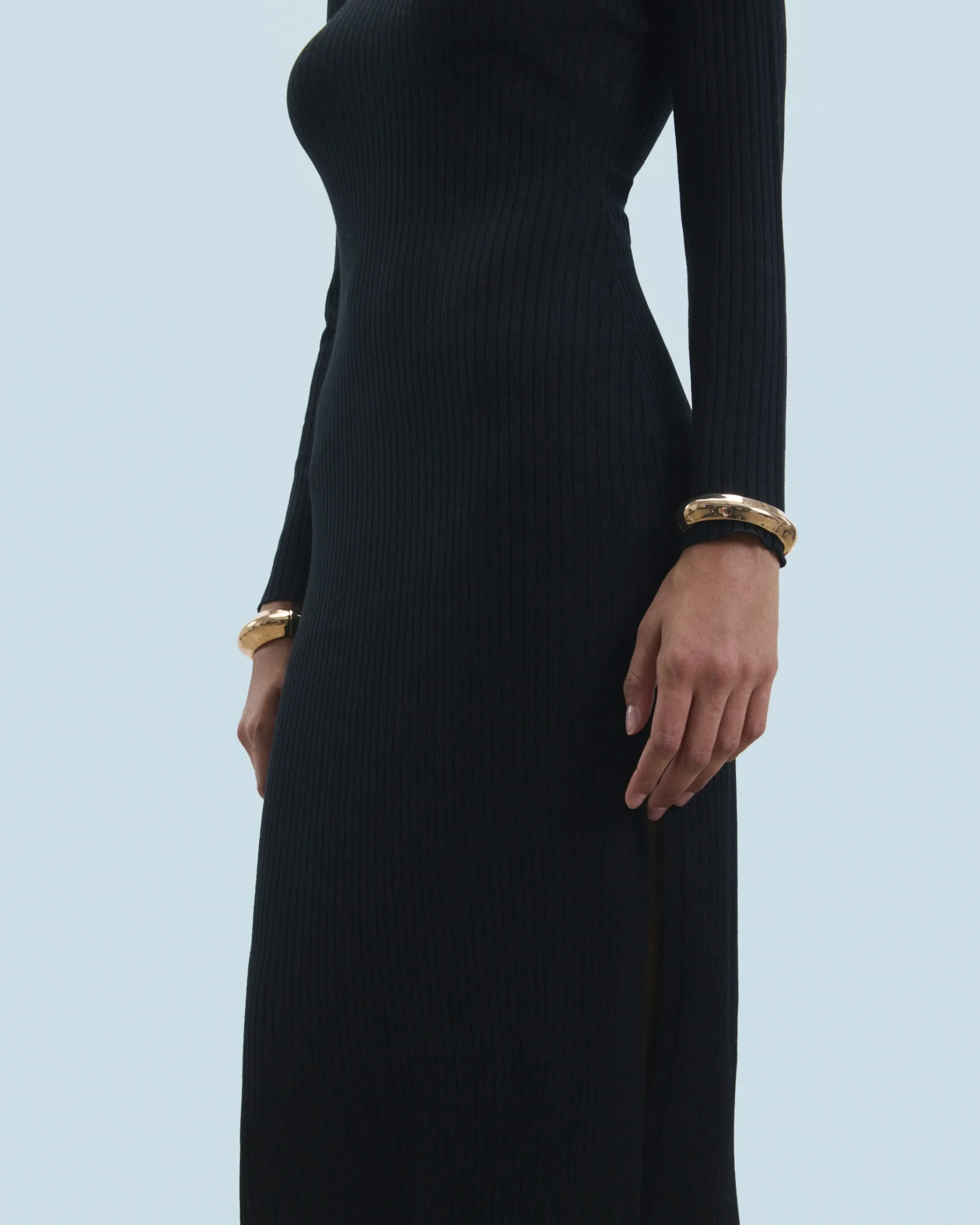 FROM FUTURE Vestito Lungo Maniche lunghe a Coste con Spacco Nero Best