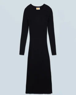 FROM FUTURE Vestito Lungo Maniche lunghe a Coste con Spacco Nero Best