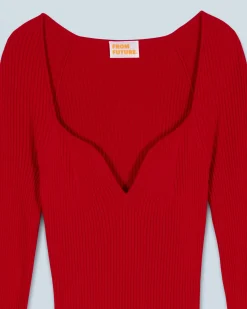 FROM FUTURE Vestito Lungo Maniche lunghe Scollo a cuore HotRed Clearance